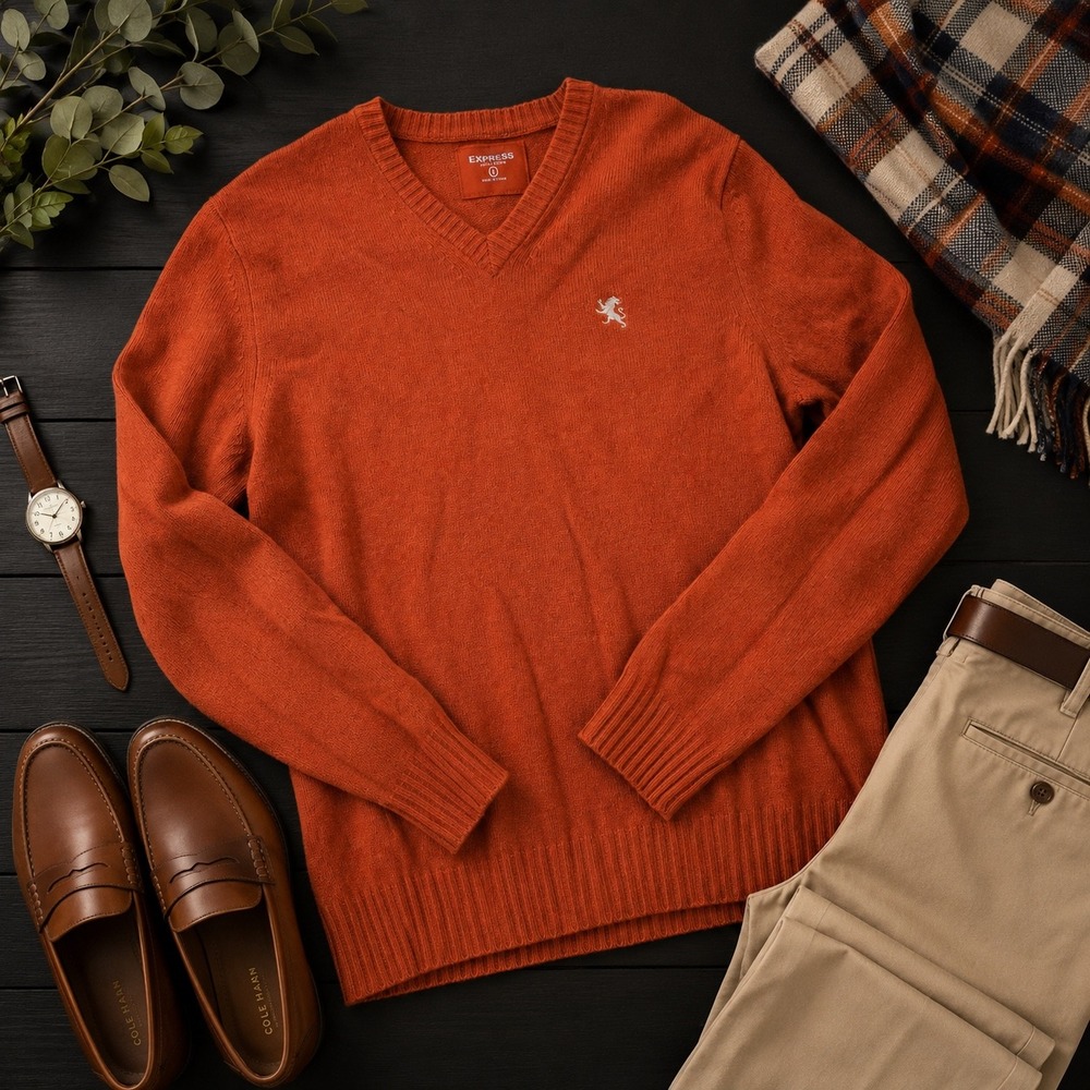 Express Lambswool V Neck‎ Sweater Mens Large Burnt Orange Preppy Academia